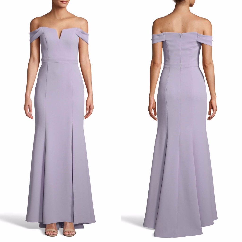 New Xscape Lavender Off The Shoulder Crepe Side Slit Evening Dress Gown